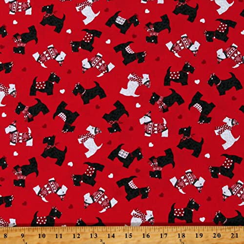 Adorable Scottie Dogs Cotton Fabric - Hearts, Winter Hats & Scarves Print - 44 Inches Wide, Sold by the Yard