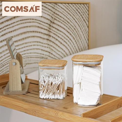 Image of ComSaf Airtight Glass Storage Canister with Wood Lid (50oz), Clear Food Storage Container Jar with Sealing Bamboo Lid (20oz*3 /30oz /37oz /74oz)