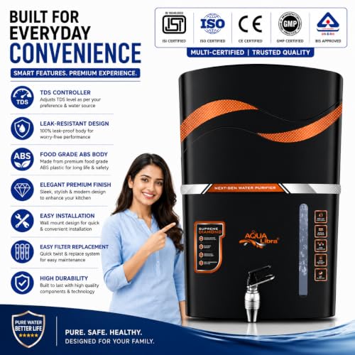 Image of Aqua Libra 10L RO UV UF Water Purifier for Home | UV LED Tank Sanitization | Active Copper Technology | TDS Controller | ISI Certified | Suitable for Borewell, Tanker & Municipal Water