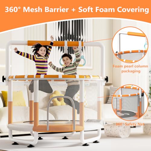 55" Kids Indoor Trampoline with Safety Net, Adjustable Gymnastics Bar & Toys – Indoor/Outdoor Toddler Play Gym for Boys & Girls Ages 3+, Birthday Gifts - Image 4