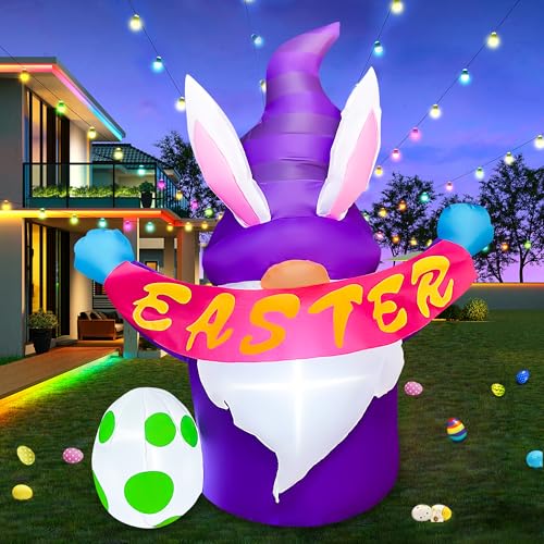 JOYEASE 4FT Easter Inflatables Outdoor Decoration Purple Gnome LED Lighted Inflatables Gnome for Home Yard Lawn Garden Easter Blow up Yard Decorations