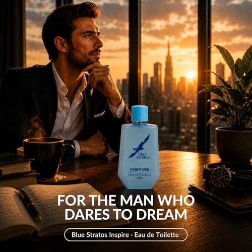Image of Blue Stratos Inspire Eau de Toilette for Men 100ml | Free Deodorant Included | Citrus Amber Spice Perfume | Sandalwood & Musk Base | Long-Lasting Luxury Cologne