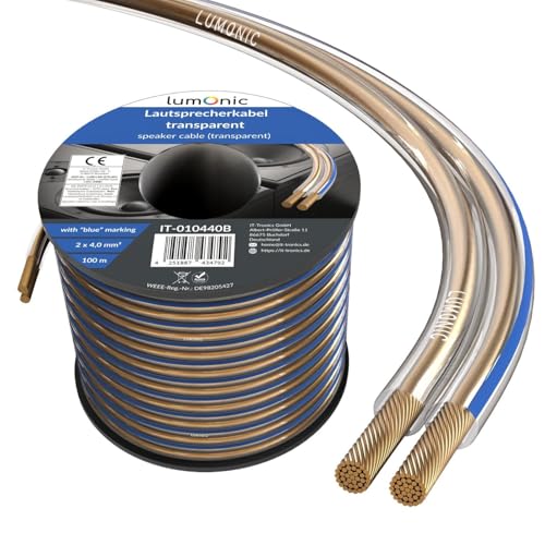 Cable altavoz Lumonic de 100m transparente con sección 2x 4mm² CCA y marca de polaridad azul