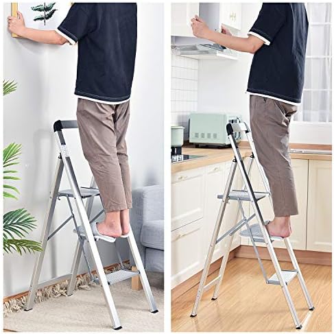 KINGRACK Aluminum Step Ladder with Handle, Folding 3 Step ladder Wide Platform for Kitchen, Pantry, Closets, and Home Office - Indoor Step Stool, Silver