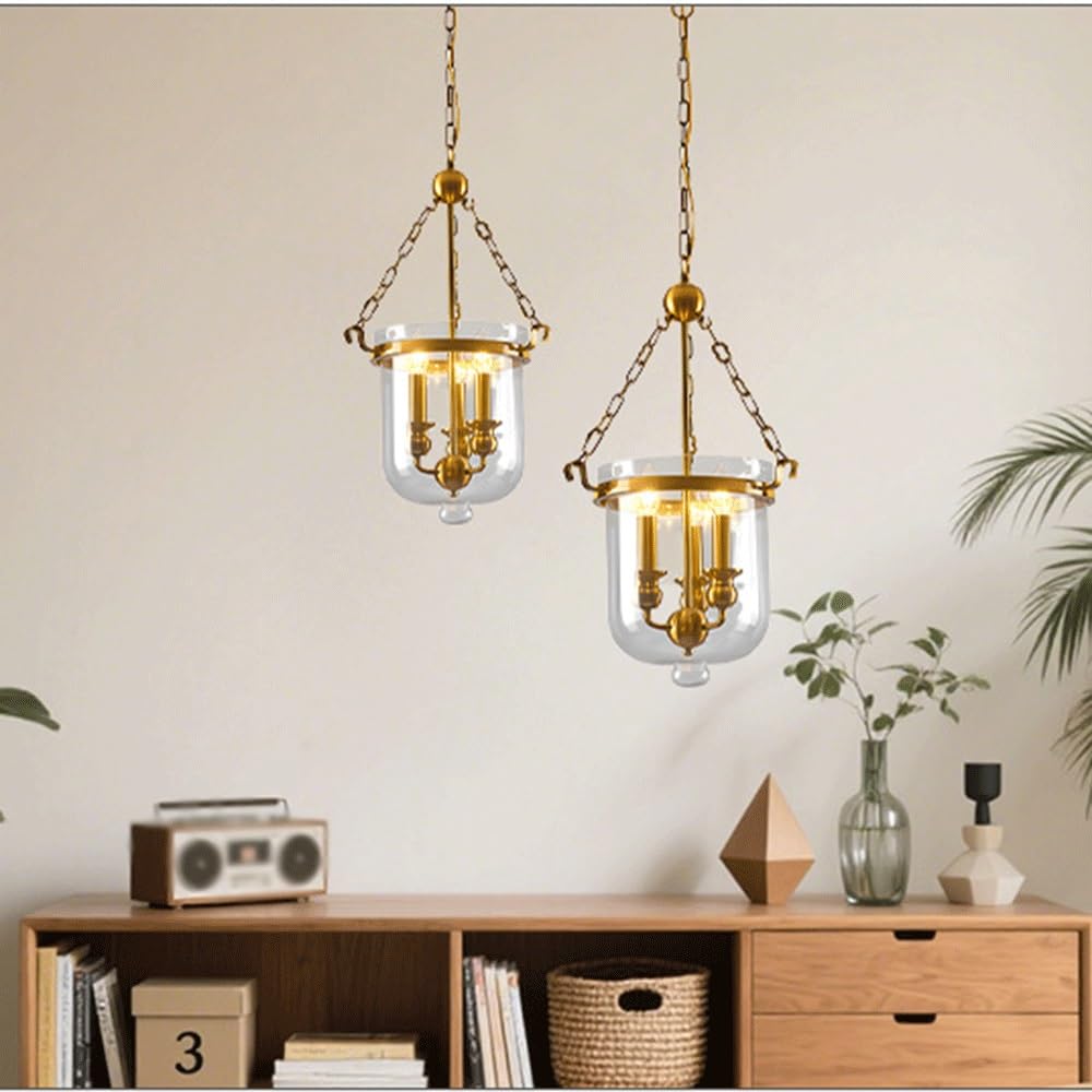 Lampatradizionale a Campana Di Vetro con Finitura Dorata, Lanterna in Vetro a 3 Luci, Larghezza 35,5 Cm, con Catena Regolabile, Ideale per Ingresso, Isola Cucina, Sala da Pranzo, Corridoio, Camera da