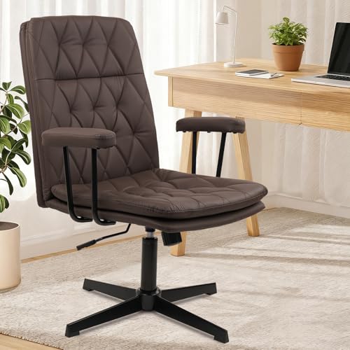 Image of CLATINA Office Chair No Wheels, Leather Criss Cross Desk Chairs with Arms, Modern Cross Legged Computer Chair, Mid Back Height Adjustable Swivel Task Vanity Chair for Home Office, Brown