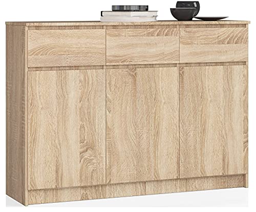 AKORD Kommode K 140 cm | 3 Schubladen und 3 Türen || für das Wohnzimmer Schlafzimmer Schrank Büro Arbeitszimmer | Modernes Funktionales Design Schichtstoffplatte 16 mm Farbe Eiche Sonoma