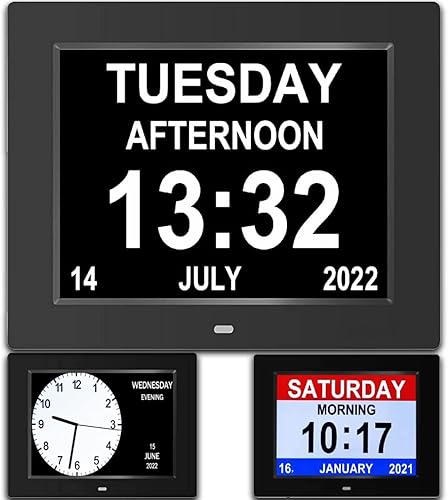 AINFTIME Reloj con día y fecha para personas mayores, pantalla de 3 colores, calendario digital, despertador, reloj de demencia, Alzheimer, reloj