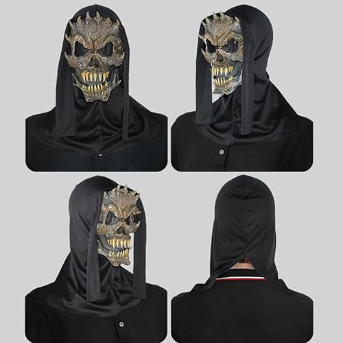 Miniatura 3 de Outyua Máscara de Halloween sonriente aterradora, cuernos espeluznantes, calavera fantasma, máscara de cara completa con teet afilado, disfraz de