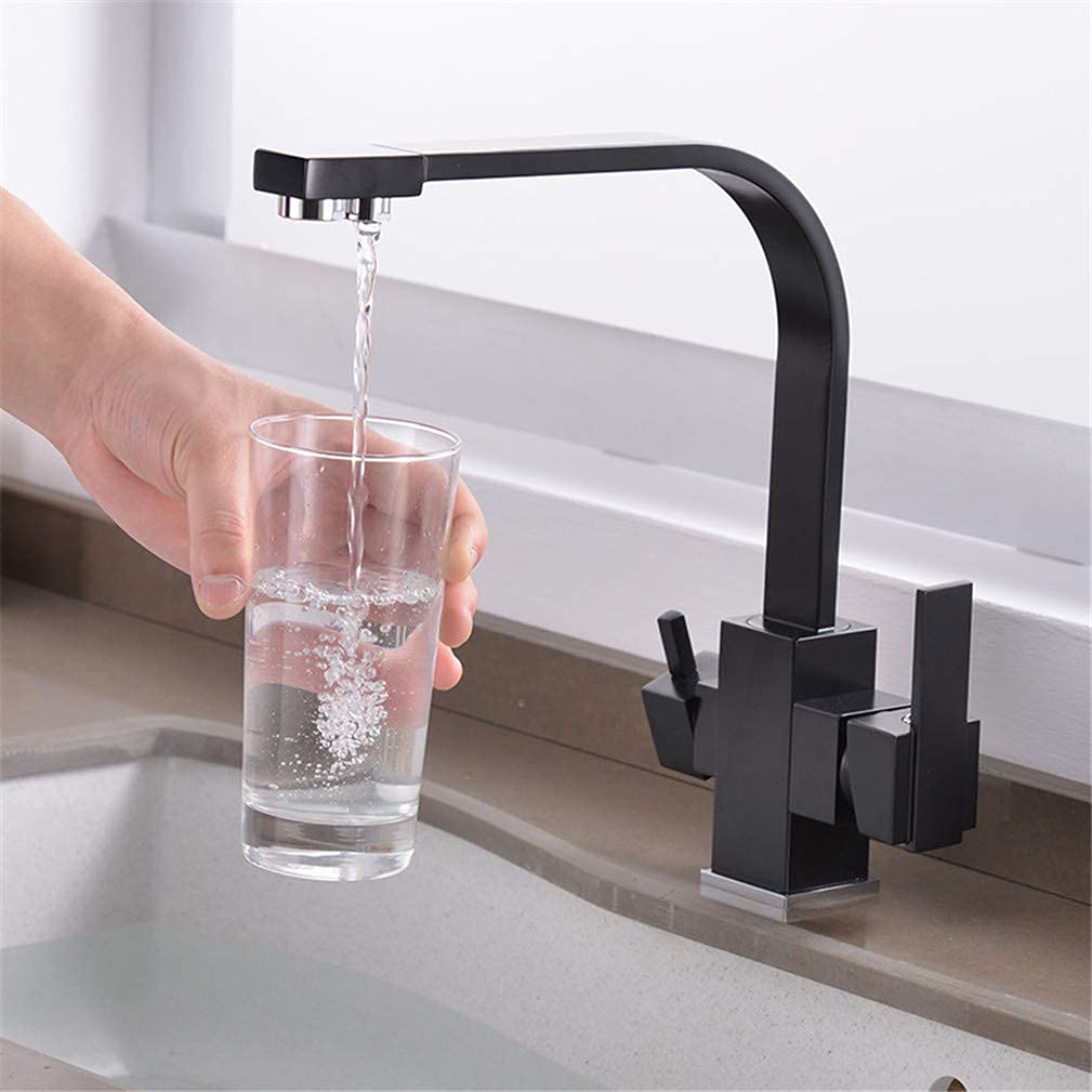 BHFPFZA Black Kitchen Faucet with 360° Swivel Dual Handle Drinking Water Filter Tap Deck Mounted esign 3-Way Mixer for Home Kitchen Sink