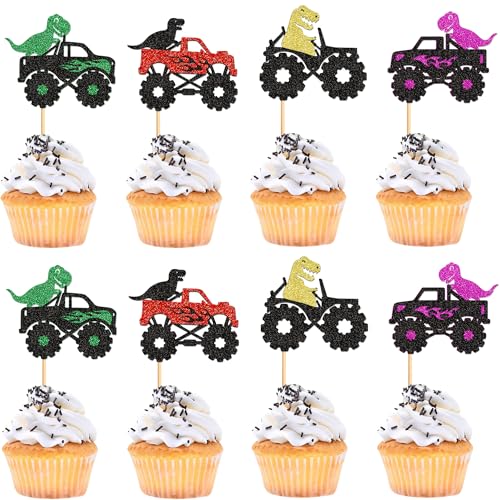 Cyodoos 24 Pcs Truck Car Cupcake Toppers Funny Monster Car With Dinosaur Cake Decors For Truck Birthday Party Supplies Truck Theme Party Baby Shower Party Decorations cover