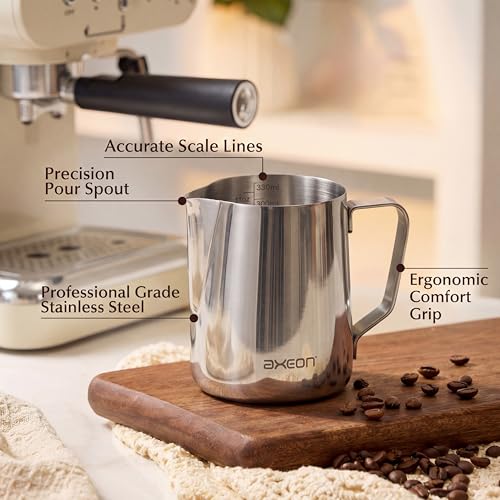 Image of Axeon Stainless Steel Milk Frothing Pitcher | Espresso Milk Frother Jug with Internal Scale & Matte Coating | V-Spout for Latte Art | Barista Steam Jug for Cappuccino & Coffee (Silver, 350ml /12oz)