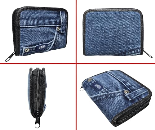 Image of Compact Denim Wallet Zipper Around Small Card Holder Coin Purse Slim Mini Blue
