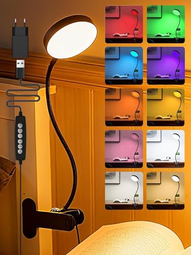 Leselampe Bett,10 Farben+10 Helligkeit Klemmlampe Bett,500LM Helles Klemmleuchte,Nachtlicht Kinder,USB Adapter Schreibtischlampe Klemmbar,Nachtlampe,LED Nachttischlampe Dimmbar,Leselampe Kinder