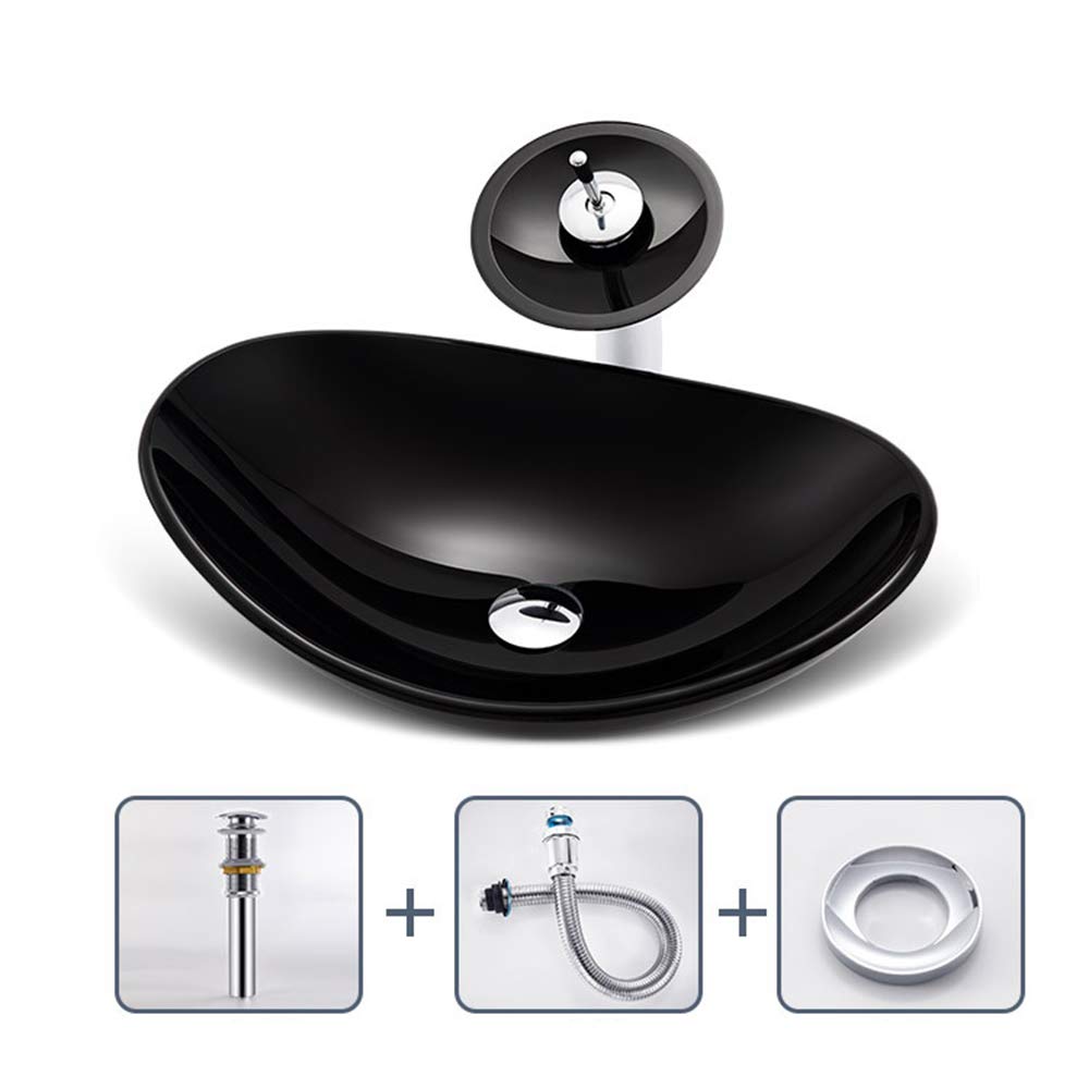 WOTZOV Glass Vessel Sink Bathroom Sink Vanity Rectangular Round Boat Shape Sink With Waterfall Faucet Combo,Black,A,Black B