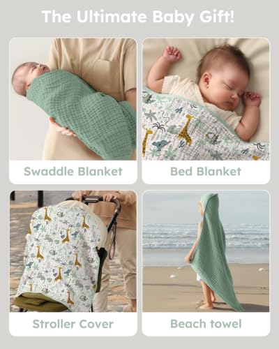 Image of Yoofoss Hooded Baby Towels for Newborn 2 Pack 100% Muslin Organic Cotton Baby Bath Towel with Hood for Babies, Infant, Toddler and Kids, 32x32Inch, Soft and Absorbent Newborn Essential, Green Giraffe