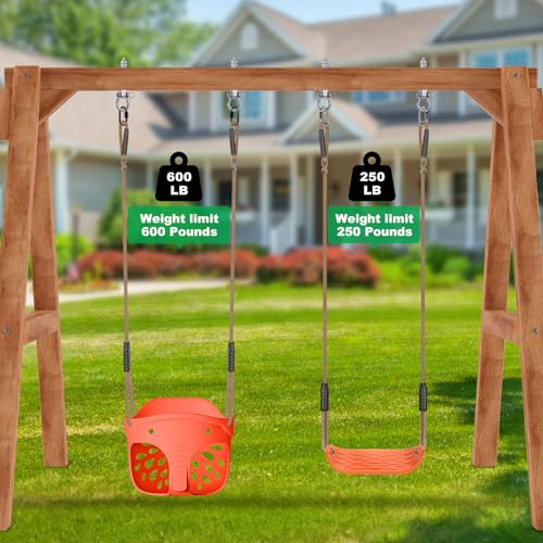 Image of SELEWARE Orange Toddler Swing Set - Heavy-Duty High Back Full Bucket Toddler Swing Seat & Kids Tree Swing with Adjustable Ropes, Backyard Playground Swing Set Accessories for Kids, Indoor /Outdoor Use