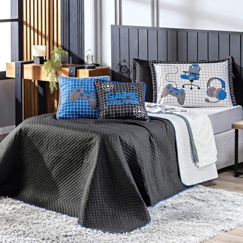 Kit Cobre Leito Colcha SOLTEIRO 05 Peças Game Streamer Dupla Face com Almofadas Estampadas - Jogo Conjunto Decoração Roupa de Cama Infantil Juvenil Gamer (Azul)