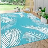 Pauwer Waterproof Outdoor Rug 5x8, Reversible Plastic Straw Patio Camping Rug, Indoor Outdoor RV Mat Carpet for Deck, Camper, Porch, Balcony, Backyard, Picnic, Leaf Teal