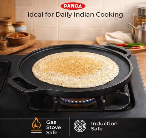 Image of PANCA Pre-Seasoned Cast Iron Dosa Tawa 30 cm | Heavy Roti /Chapati Tawa for Gas & Induction | Chemical-Free, Naturally Non-Stick Pan (2 in 1 Grill Tawa)