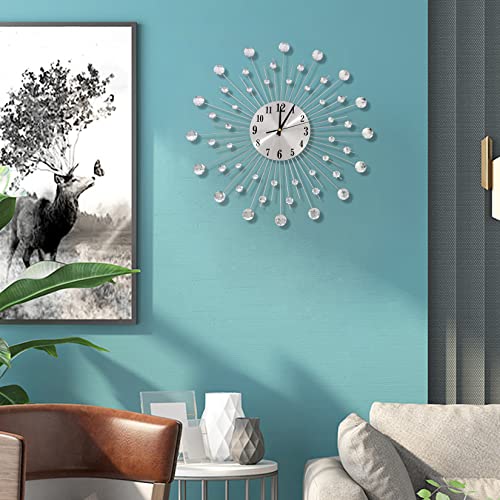 Jugv 19.7 Inch Large Wall Clock For Living Room Decor, Non-Ticking Quiet Modern Metal Starburst Bling Silver Crystal Wall Clocks Decor For Bedrooms Kitchen Decorative #TOP1
