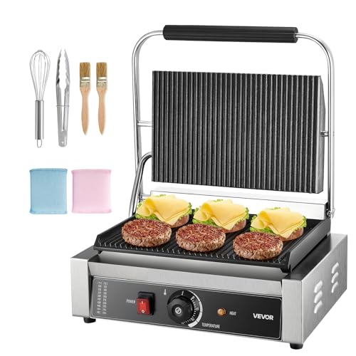 VEVOR Parrilla de Prensa para Panini Placa Esmaltada de 34 x 23 cm Prensa Eléctrica para Sándwiches de Acero Inoxidable con Asa Control de Temperatura con Ranuras Completas para Filetes, Tocino