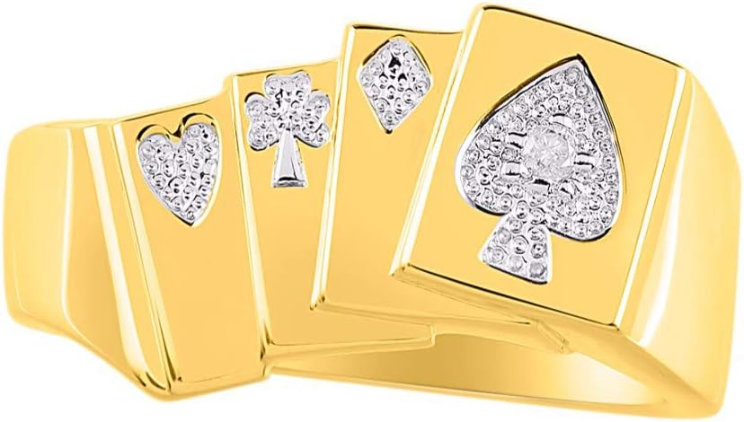 Rylos Designer 4 of a Kind Aces; Lucky Poker Royal Flush Ring with Diamonds in Sterling Silver or Yellow Gold Plated Silver  Lucky Ring Sizes 6-13