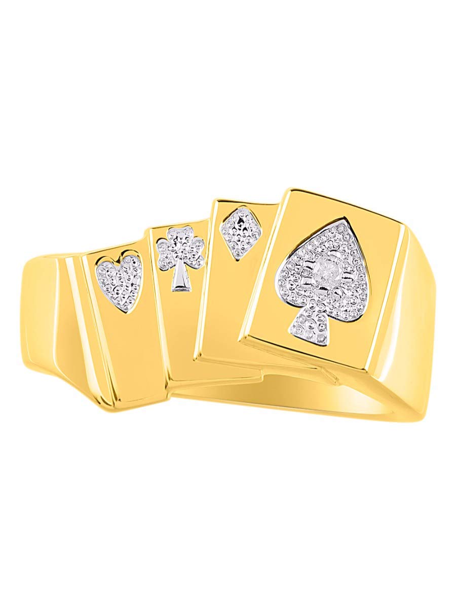 RYLOS Men's Poker Ring - 4 Aces With Diamonds, Sterling Silver Or Gold Plated, Sizes 6-13