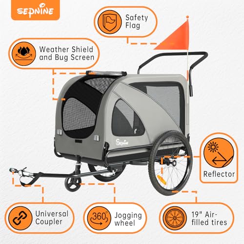 SEPNINE 2-in-1 XL Fahrradanhänger für Hunde, Hundeanhänger für Fahrrad - mit Dachöffnung, Reflektoren & Reflexstreifen, mit Schiebestange & Universal-Fahrradkupplung, Faltbar, Bis 50 kg, Grau