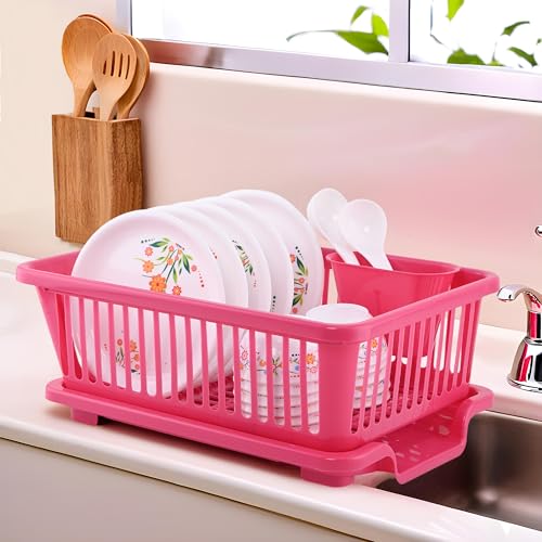 Image of Kuber Industries 2 Pcs Plastic Sink Dish Drainer Rack | 3 in 1 Large Durable Drainer Drying Rack Washing Basket with Tray | Home & Kitchen Dish Rack Organizers, Utensils Tools Cutlery - Pink