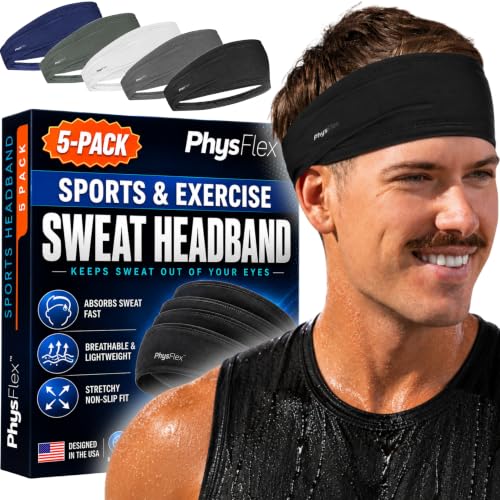 5 Pack Sport Headbands for Men & Women - Sweat-Wicking Workout & Running Head Bands - Exercise Sweat Band for Workout, Basketball, Tennis, Cycling, Yoga