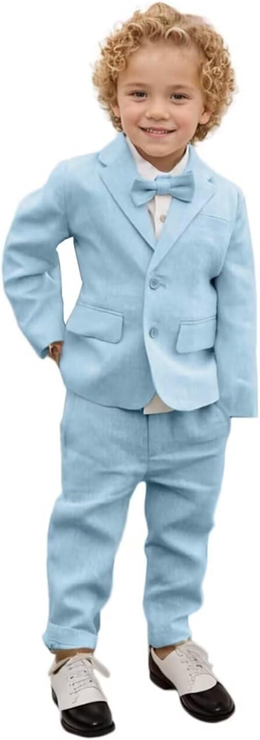 Boys Linen Suit Slim Fit 2 Piece Suits for Boys Toddler Wedding Outfit Boy Summer Beach Jacket Pant Set