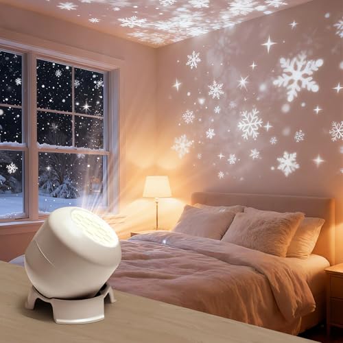 VUCHEET Dynamic Rotating LED Projector Light USB Rechargeable LED Light Projector Snowflake/Christmas/Ocean 3 Scene Options Adjustable Brightness Unique Base Design (Snowflakes Plug-in)
