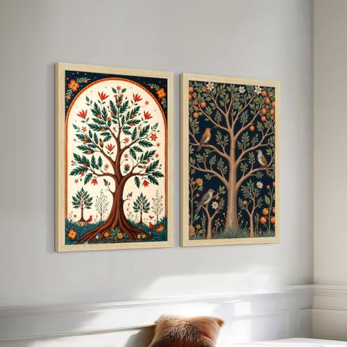 Image of ArtX Paper Madhubani Floral Art Paintings with Frame for Home Decor, Wall Paintings for Living Room, Multicolor, Natural Wood Color Frames, Set of 2