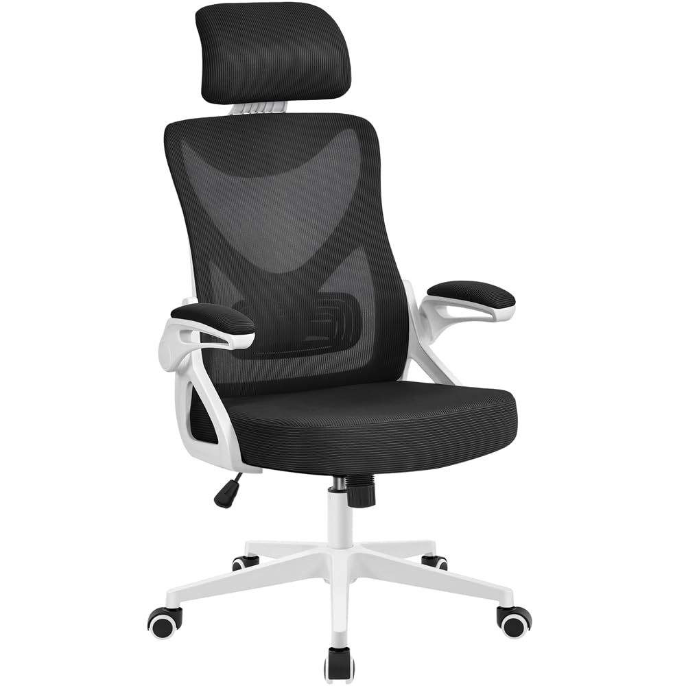 Yaheetech Silla de Oficina Ergonomica con Soporte Lumbar Silla Escritorio Reposabrazo Reposacabeza Ajustable Base Giratoria de 70 cm Transpirable Capacidad MAX 150KG Blanco Negro The Forest Stewardship Council
