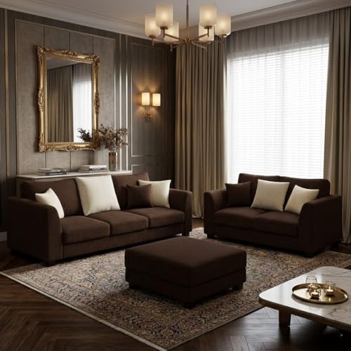 Image of SOCOZI Trevano 5 Seater Sofa Set with Ottoman (3 Seater + 2 Seater + Ottoman) | Soft Velvet Suede Fabric | Plush Comfort Cushions for Living Room (Cream-Dark Brown)
