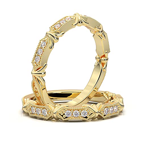 14K Yellow Gold Vintage Wedding Band Filigree Band Diamond Band Milgrain Band Unique Band Stackable Band For Her Real Diamonds I Quality