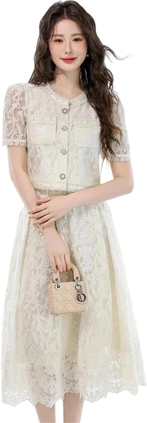 Women's Spring Set Embroidered O-Neck Shirt with High Waist Lace Skirt
