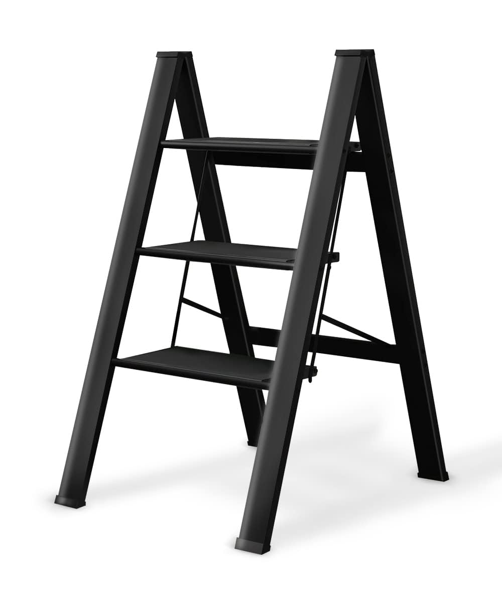 Sevia Modern 3-Step Folding Step Stool – Heavy-Duty Steel, Black Finish, Compact Ladder for Indoor Use, Kitchen Or Office Space Saving – Black Finish(1Pcs)-image-10