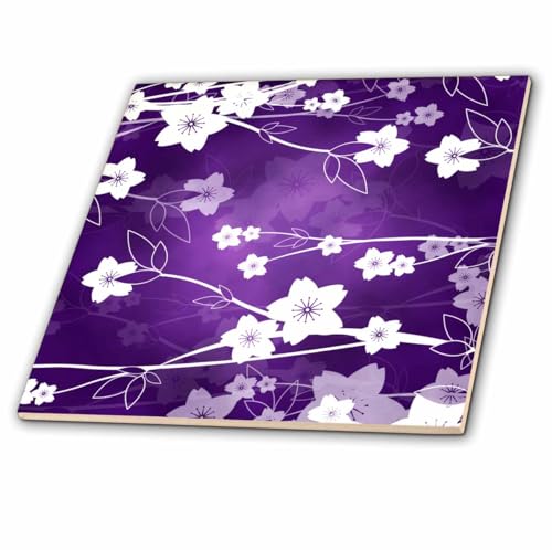 3dRose ct_128238_4 Cherry Blossom White on Purple Ceramic Tile, 12