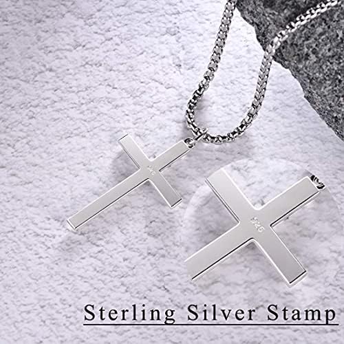 FANCIME White Gold Plated 925 Solid Sterling Silver High Polished Mens Crucifix Pendant Fine Jewellery for Mens Boys, with Stainless Steel Box Chain Necklace Length 24 Inch