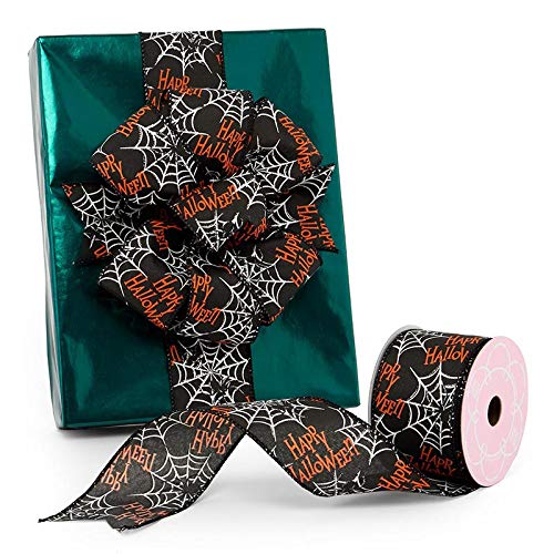 Image of Happy Halloween Spiderwebs Wired Ribbon - 2 1 /2 inch x 10 Yards, Black, Orange, White, Bows, Wreath, Party Decor, Fundraiser, School Dance, Haunted House Decoration, Trick or Treat