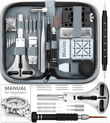 Bluvizo Professional Watch Repair Kit: 149pcs Watch Repair Tool Set for Link Removal Battery Replacement Band Strap Adjustment with Case Opener Link Remover Spring Bars Watch Pins