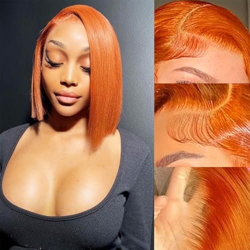 YLNVD Orange Bob Wig Human Hair 13X4 HD Transparent Ginger