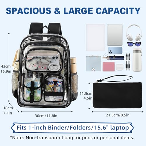 Image of Clear Backpack, 17 inch Extra Large Transparent Backpacks with Accessories & Privacy Pouch, Cold-resistant Plastic Backpack for Teen Kids Adults, Black