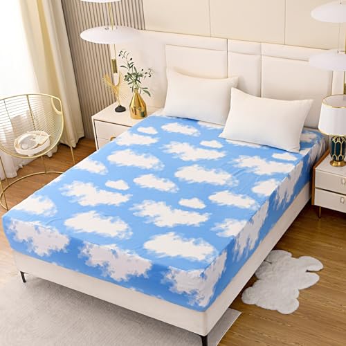 Image of Bedding Fitted Sheet with Deep Pocket for Single Bed Mattress Cover Sheets,White Cloud Printed Fabric Bed Sheets (Blue Sky, Twin)