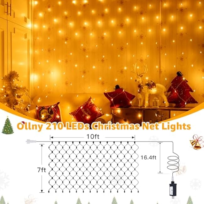 Ollny Net Lights Outdoor Mesh Light 10x7ft, 210LED Connectable Christmas Net Lights with 8 Modes, IP67 Waterproof Bush Light for Tree Wall Ceiling Outside Decorations, Warm White