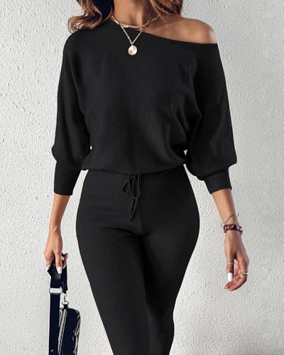 CHICME 2 Piece Lounge Outfit 2025 Long Sleeve Knit Pullover Tops Drawstring Pants Set Tracksuit Sweatsuit4