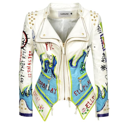 LY Women's Faux Leather Textured Hand Painted Graffiti Studded