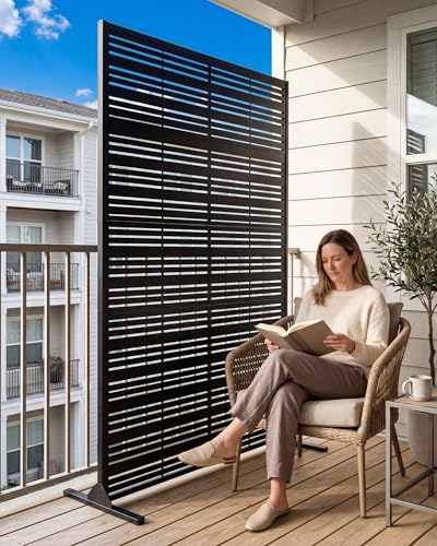 Outdoor Privacy Screen 72" H x 47" W | 37lb Heavy-Duty Metal Fence Panel, Matte Black | Freestanding with Expansion Anchors for Patio, Balcony, Pool, Deck — Modern Slatted Design